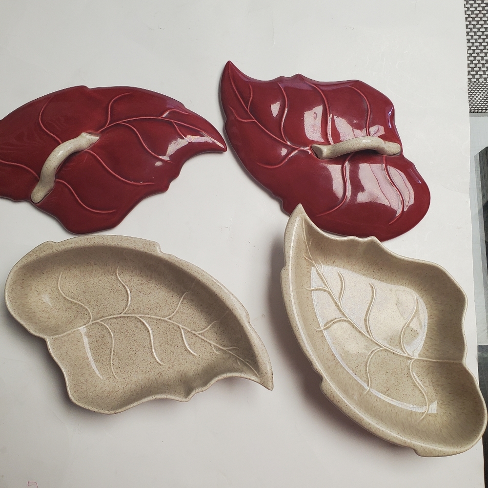 Vintage Valley Vista California Pottery red & Beige Leaf Dishes